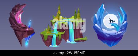 Flying islands set isolated on background. Vector cartoon illustration of game platforms, floating rock with gemstones, green land with forest and waterfall, wolf howling at moon on ice landscape Stock Vector