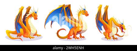 Set of fantasy dragon characters isolated on white background. Vector cartoon illustration of yellow and blue monster creature with wings, tail, gangs and claws, reptile sleeping, breathing with smoke Stock Vector