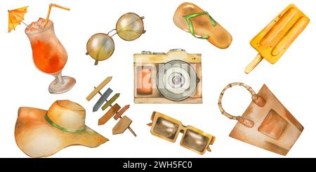 summer watercolor set of beach holiday items: hat beach bag camera beach shoes cocktail fruit ice pointer sunglasses. isolated on white background. fo Stock Photo