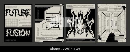 Poster design template in y2k aesthetic with abstract tribal elements, grid and typography. Vector set of banner layout in trendy grunge brutalism 90s and 00s style with acid cyber techno shapes. Stock Vector