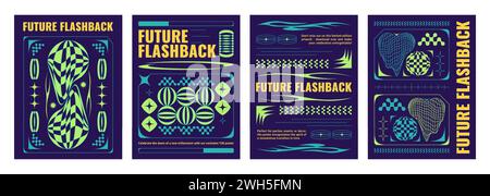Modern y2k style poster design with acid psychedelic strange shape grid heart and circle, geometric elements and ornament. 2000s aesthetic banner template with wireframe and checkerboard liquid figure Stock Vector