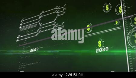 Image of dollars in circles over data processing on green background Stock Photo