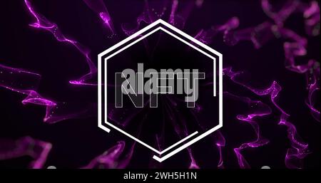 Image of nft in hexagon over black background with purple waves Stock Photo