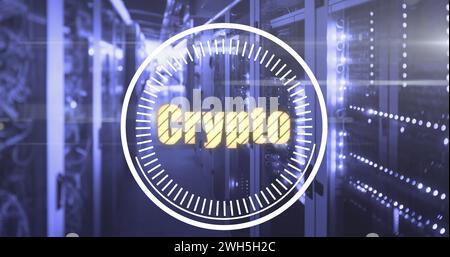 Image of crypto in circle over lights and servers Stock Photo