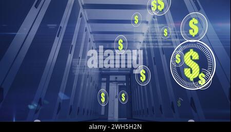 Image of dollars in circles floating over servers Stock Photo
