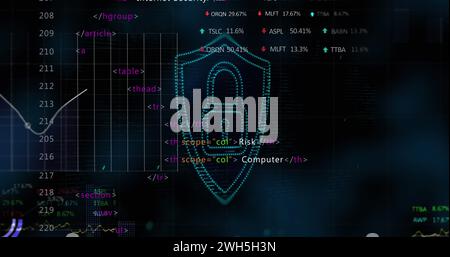 Image of digital shield with padlock over data processing on black background Stock Photo