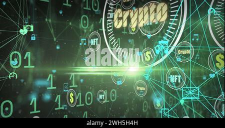 Binary coding and crypto concept icons floating against network of digital icons on green background Stock Photo