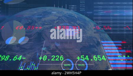 Image of data processing over globe and blue background Stock Photo