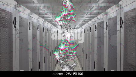 Image of dna helix rotating over digital screens with medical ...