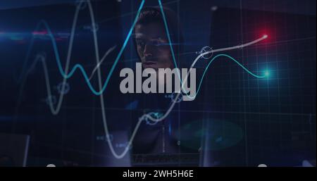 Image of data processing over caucasian male hacker Stock Photo