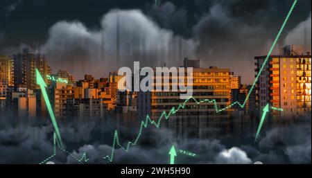 Image of financial data processing with graph and arrows over cityscape Stock Photo