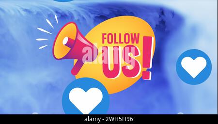 Image of moving shapes and media icons with follow us text on blue background Stock Photo