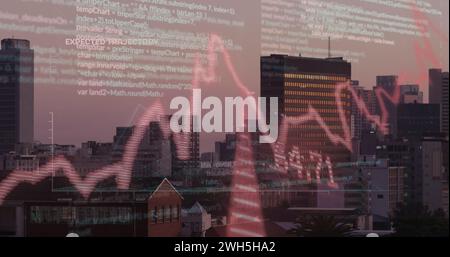 Image of financial data processing with graph and arrows over cityscape Stock Photo