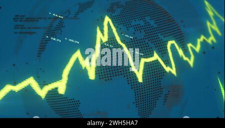 Image of financial data processing with graph and globe on blue background Stock Photo