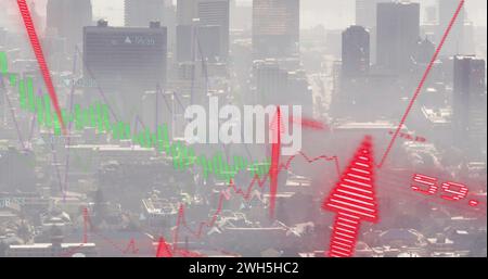 Image of financial data processing with graph and arrows over cityscape Stock Photo