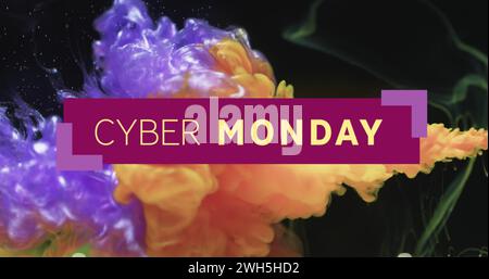 Image of cyber monday text over orange and blue liquid on black background Stock Photo