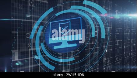 Image of screen with digital shield in circle over lights and data Stock Photo