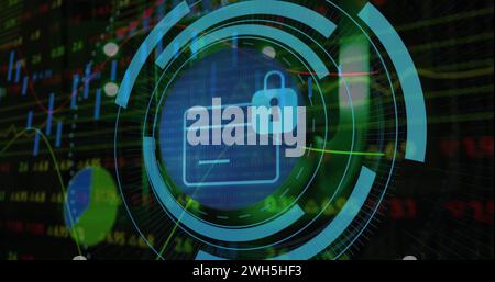 Image of card with digital padlock over data processing Stock Photo