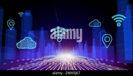Image of digital clouds and icons flying over cityscape and binary coding Stock Photo