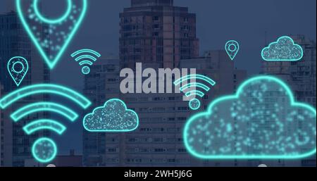 Image of digital clouds and icons flying over cityscape Stock Photo