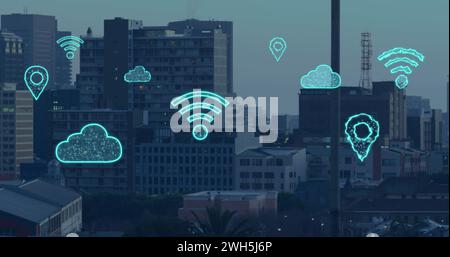 Image of digital clouds and icons flying over cityscape Stock Photo