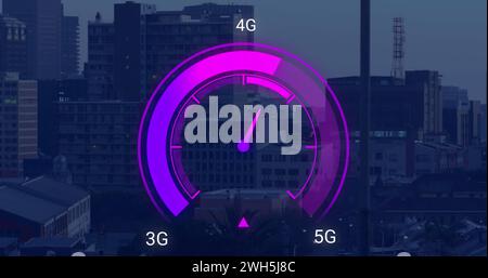 Image of purple speedometer over cityscape Stock Photo