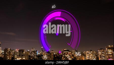 Image of purple speedometer over cityscape Stock Photo
