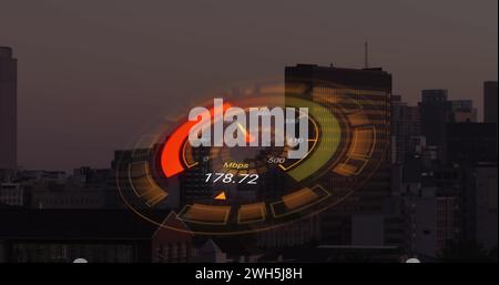 Image of orange speedometer over cityscape Stock Photo