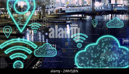 Image of digital clouds and icons flying over cityscape Stock Photo