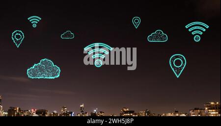 Image of digital clouds and icons flying over cityscape Stock Photo