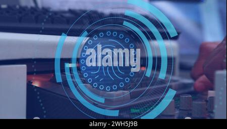 Image of fingerprints in circles over hands of caucasian man typing on laptop Stock Photo