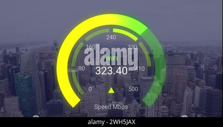 Image of green speedometer over cityscape Stock Photo