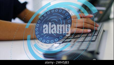Image of fingerprint in circles over hands of caucasian woman typing on laptop Stock Photo