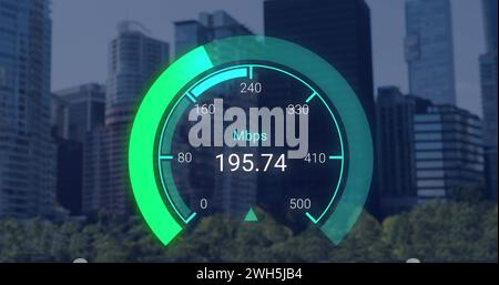 Image of green speedometer over cityscape Stock Photo