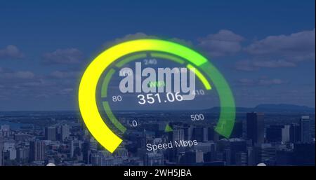 Image of green speedometer over cityscape Stock Photo