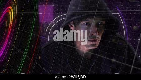 Image of neon shapes over caucasian male hacker Stock Photo