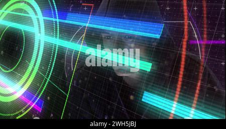 Image of neon shapes over caucasian male hacker Stock Photo