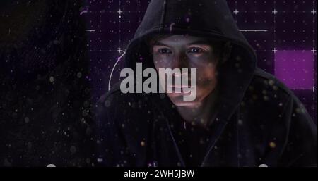 Image of neon shapes over caucasian male hacker Stock Photo