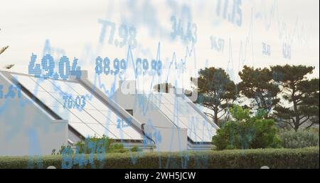 Image of statistics and data processing over house Stock Photo