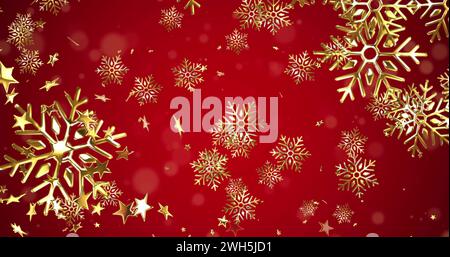 Image of christmas gold snowflakes falling on red background Stock Photo