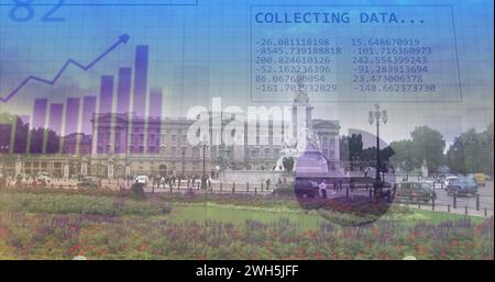 Image of statistics and data processing over palace Stock Photo