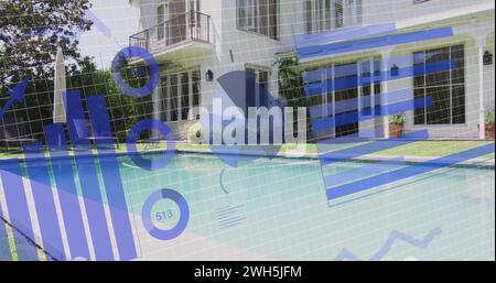 Image of statistics and data processing over house Stock Photo