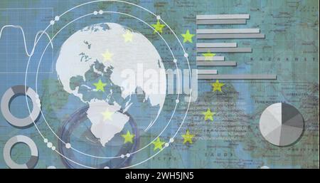 Image of statistics and data processing and globe over map of europe Stock Photo