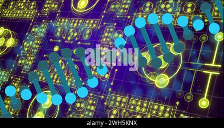 Image of dna strand over shapes and spots Stock Photo