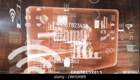 Image of numbers changing and digital icons over screen Stock Photo