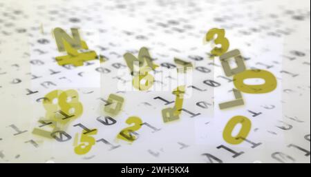 Image of floating letters and numbers over scientific data processing on white background Stock Photo