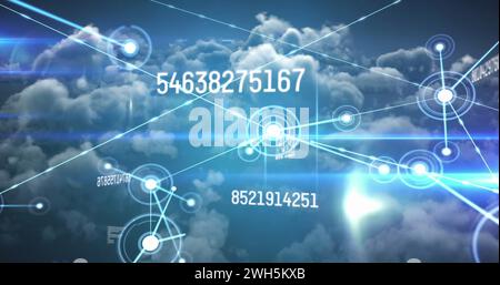 Image of web of connections and scientific data processing over cloudy sky Stock Photo
