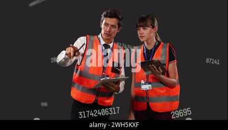 Image of scientific data processing over two caucasian people Stock Photo