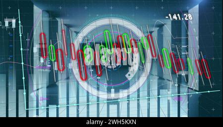 Image of graphs and processing circle over servers Stock Photo