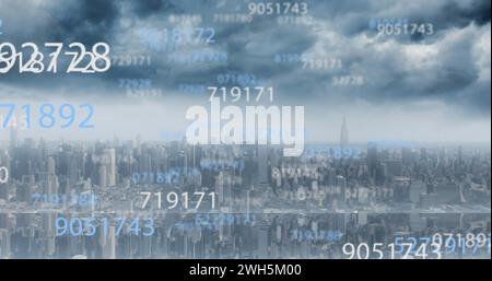 Image of scientific data processing over cityscape Stock Photo